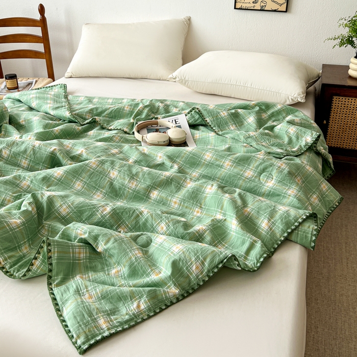 91家纺网 家纺一手货源 找家纺 逸林家纺2026新款水洗棉夏被无印风格子夏被空调被贝壳绣系列学生单/双人夏被 彩绿格