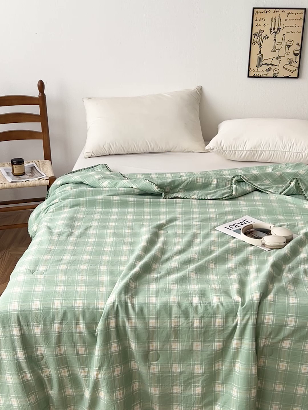91家纺网 家纺一手货源 找家纺 逸林家纺2026新款水洗棉夏被无印风格子夏被空调被贝壳绣系列学生单/双人夏被 彩绿格
