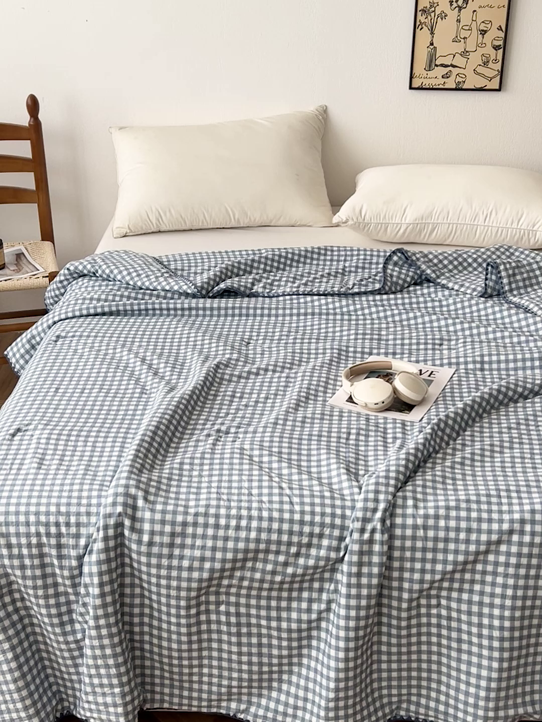 91家纺网 家纺一手货源 找家纺 逸林家纺2026新款水洗棉夏被无印风格子夏被空调被贝壳绣系列学生单/双人夏被 蓝小格