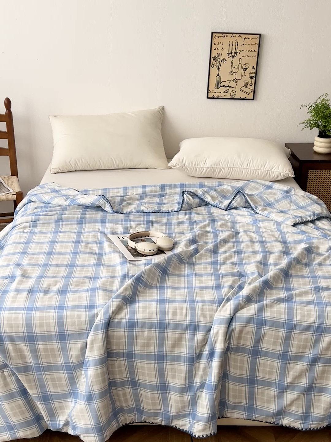 91家纺网 家纺一手货源 找家纺 逸林家纺2026新款水洗棉夏被无印风格子夏被空调被贝壳绣系列学生单/双人夏被 遇见蓝