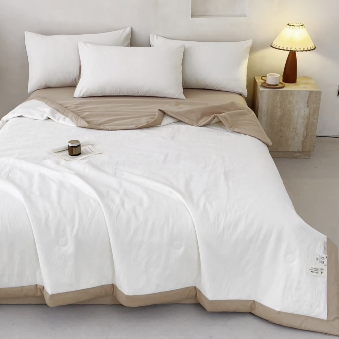 91家纺网 家纺一手货源 找家纺 一加一 2026新款全棉纯棉三层纱色织提花大豆夏被四件套-云棉肌理 凯迪娜（米白）