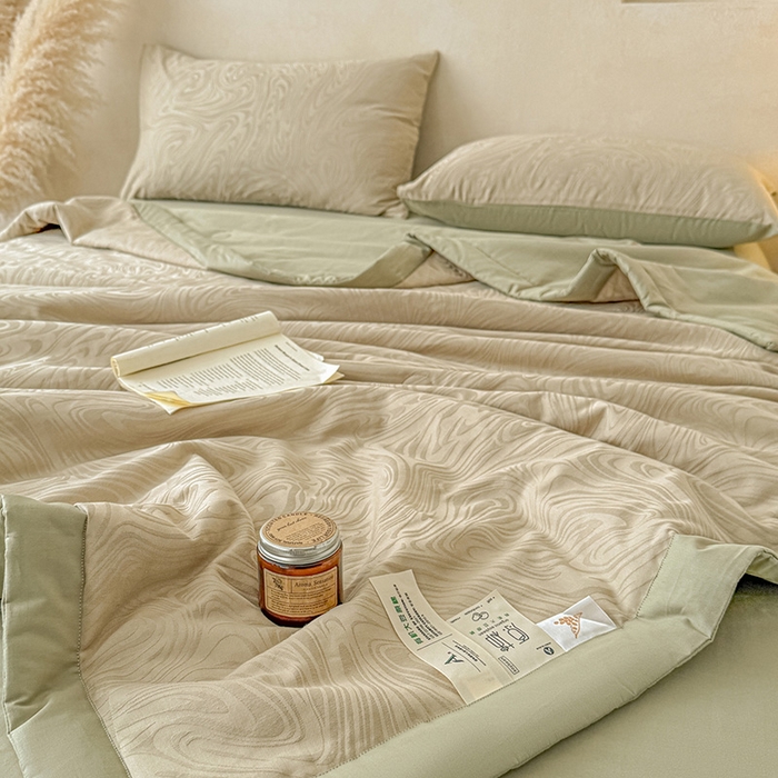 91家纺网 家纺一手货源 找家纺 一加一 2026新款全棉纯棉三层纱色织提花大豆夏被四件套-云棉肌理 凯迪娜（浅茶色）