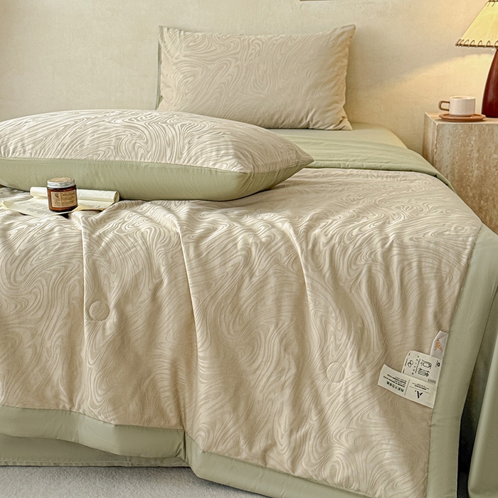 91家纺网 家纺一手货源 找家纺 一加一 2026新款全棉纯棉三层纱色织提花大豆夏被四件套-云棉肌理 凯迪娜（浅茶色）