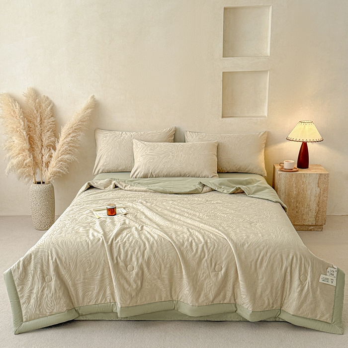 91家纺网 家纺一手货源 找家纺 一加一 2026新款全棉纯棉三层纱色织提花大豆夏被四件套-云棉肌理 凯迪娜（浅茶色）