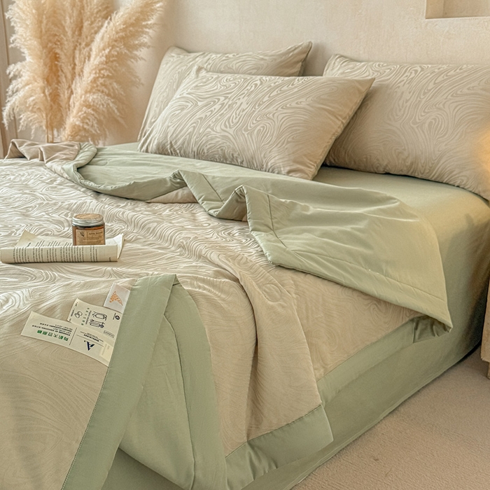 91家纺网 家纺一手货源 找家纺 一加一 2026新款全棉纯棉三层纱色织提花大豆夏被四件套-云棉肌理 凯迪娜（浅茶色）