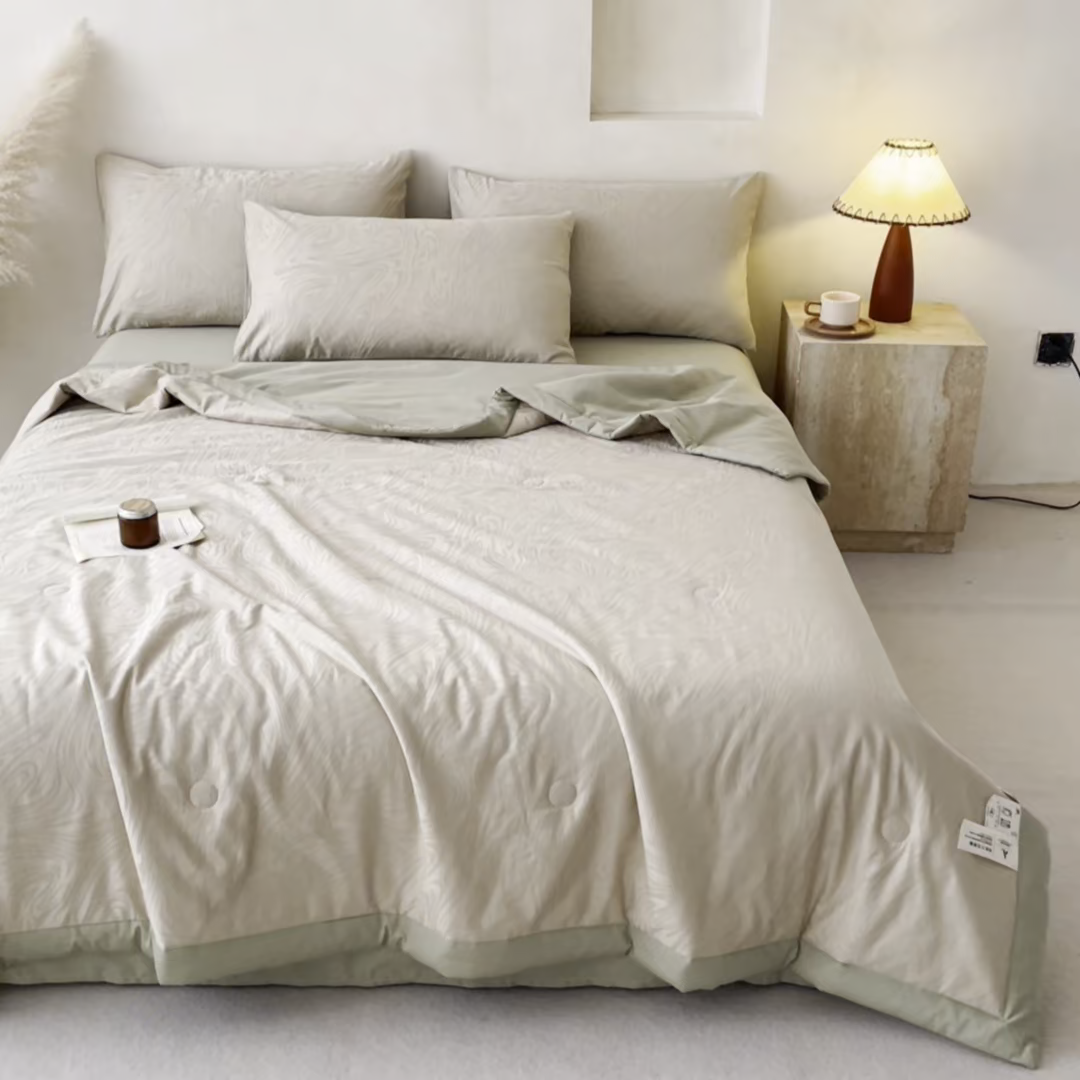 91家纺网 家纺一手货源 找家纺 一加一 2026新款全棉纯棉三层纱色织提花大豆夏被四件套-云棉肌理 凯迪娜（浅茶色）