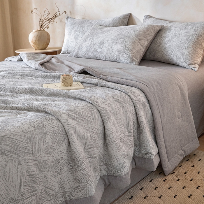 一加一 2026新款全棉纯棉三层纱色织提花大豆夏被四件套-云棉肌理 凯撒-灰