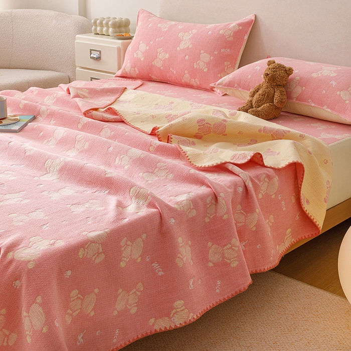 91家纺网 家纺一手货源 找家纺 悦然毛巾被 2026新款三层纱全棉纱布毛巾被盖毯夏被床单夏凉被空调被 晴粉