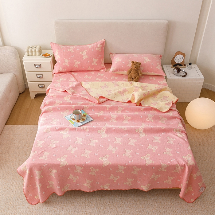 91家纺网 家纺一手货源 找家纺 悦然毛巾被 2026新款三层纱全棉纱布毛巾被盖毯夏被床单夏凉被空调被 晴粉