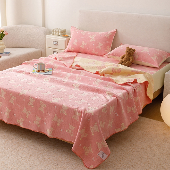 91家纺网 家纺一手货源 找家纺 悦然毛巾被 2026新款三层纱全棉纱布毛巾被盖毯夏被床单夏凉被空调被 晴粉