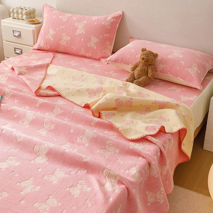 91家纺网 家纺一手货源 找家纺 悦然毛巾被 2026新款三层纱全棉纱布毛巾被盖毯夏被床单夏凉被空调被 晴粉