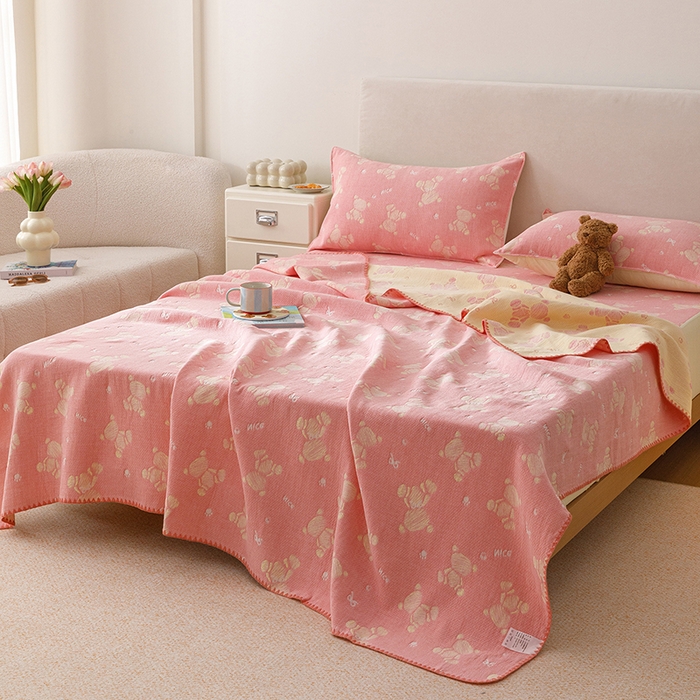 91家纺网 家纺一手货源 找家纺 悦然毛巾被 2026新款三层纱全棉纱布毛巾被盖毯夏被床单夏凉被空调被 晴粉