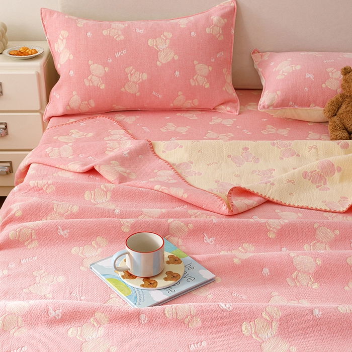 91家纺网 家纺一手货源 找家纺 悦然毛巾被 2026新款三层纱全棉纱布毛巾被盖毯夏被床单夏凉被空调被 晴粉