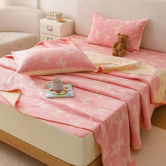 91家纺网 家纺一手货源 找家纺 悦然毛巾被 2026新款三层纱全棉纱布毛巾被盖毯夏被床单夏凉被空调被 晴粉