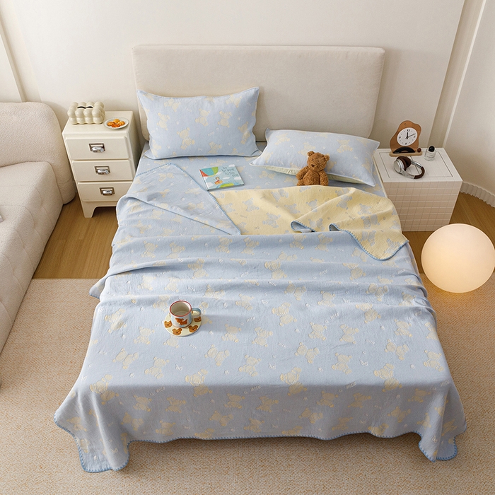 91家纺网 家纺一手货源 找家纺 悦然毛巾被 2026新款三层纱全棉纱布毛巾被盖毯夏被床单夏凉被空调被 晴蓝