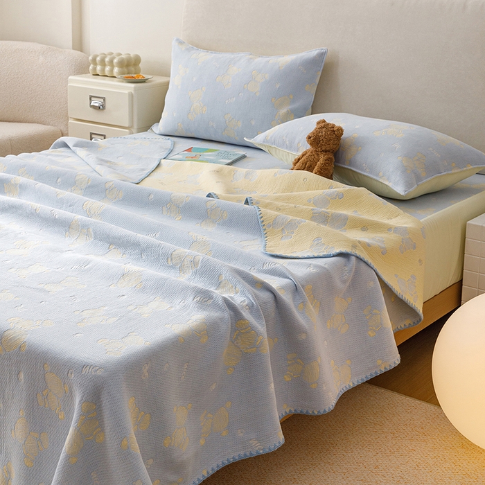 91家纺网 家纺一手货源 找家纺 悦然毛巾被 2026新款三层纱全棉纱布毛巾被盖毯夏被床单夏凉被空调被 晴蓝