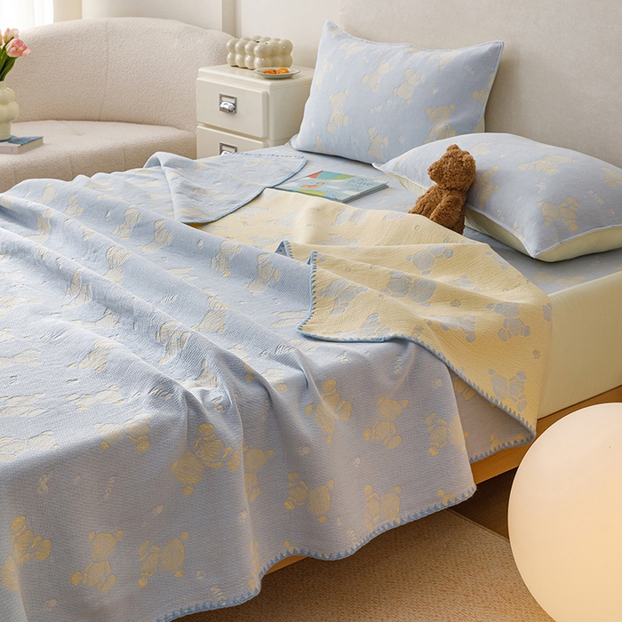 91家纺网 家纺一手货源 找家纺 悦然毛巾被 2026新款三层纱全棉纱布毛巾被盖毯夏被床单夏凉被空调被 晴蓝