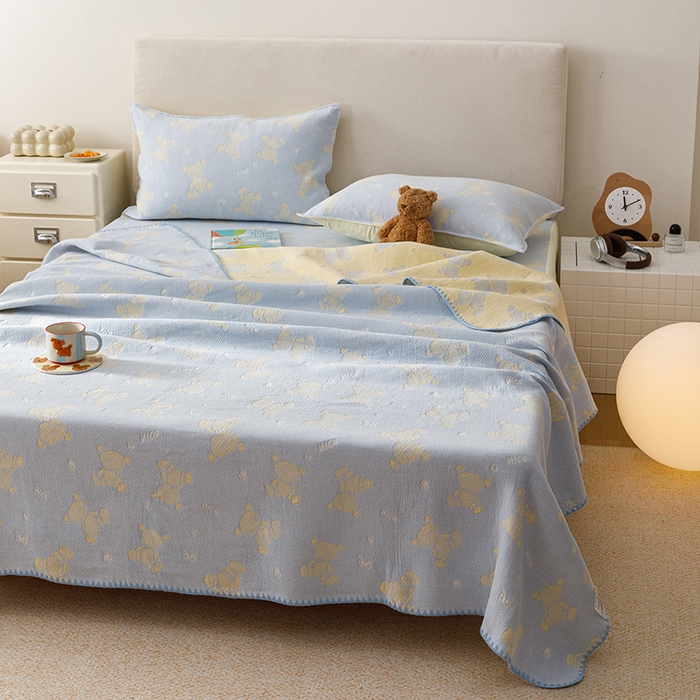 91家纺网 家纺一手货源 找家纺 悦然毛巾被 2026新款三层纱全棉纱布毛巾被盖毯夏被床单夏凉被空调被 晴蓝