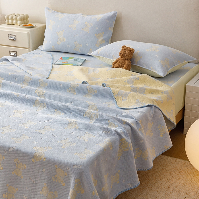 91家纺网 家纺一手货源 找家纺 悦然毛巾被 2026新款三层纱全棉纱布毛巾被盖毯夏被床单夏凉被空调被 晴蓝