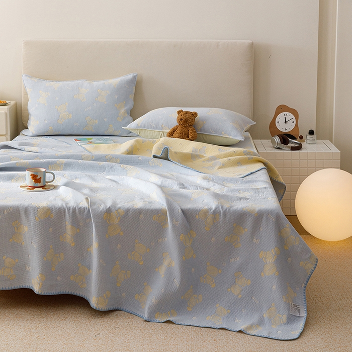 91家纺网 家纺一手货源 找家纺 悦然毛巾被 2026新款三层纱全棉纱布毛巾被盖毯夏被床单夏凉被空调被 晴蓝