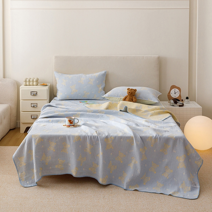 91家纺网 家纺一手货源 找家纺 悦然毛巾被 2026新款三层纱全棉纱布毛巾被盖毯夏被床单夏凉被空调被 晴蓝