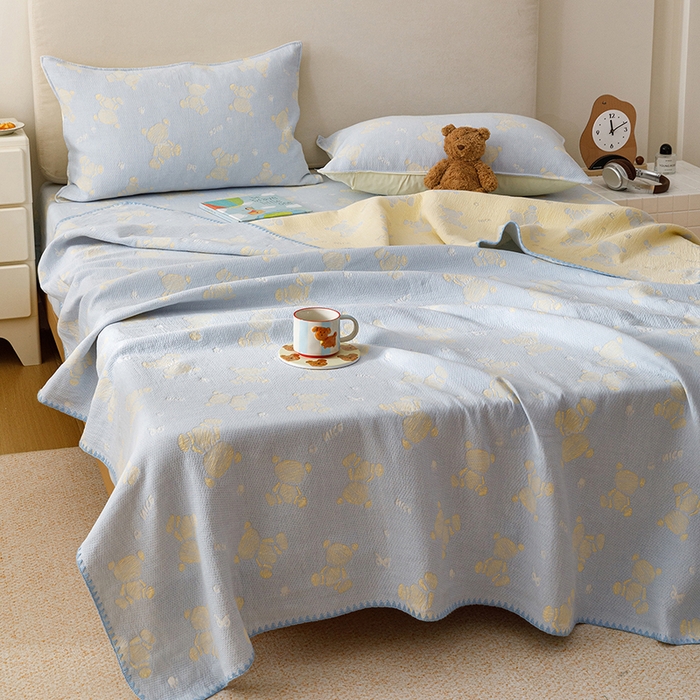 91家纺网 家纺一手货源 找家纺 悦然毛巾被 2026新款三层纱全棉纱布毛巾被盖毯夏被床单夏凉被空调被 晴蓝