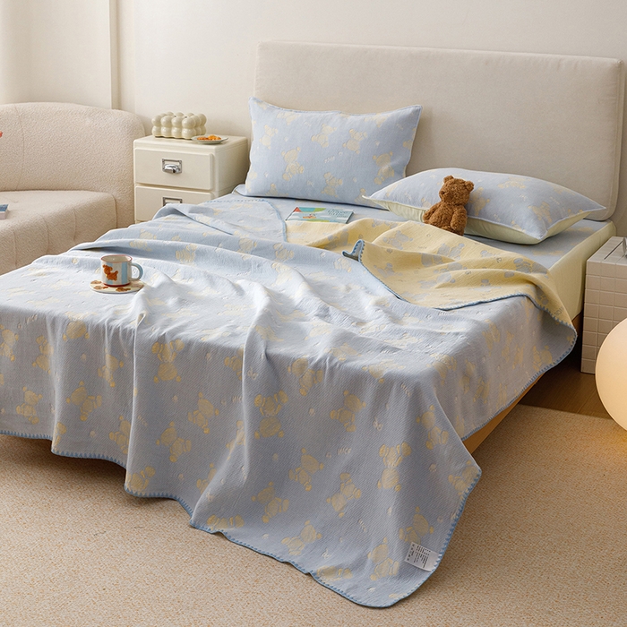 91家纺网 家纺一手货源 找家纺 悦然毛巾被 2026新款三层纱全棉纱布毛巾被盖毯夏被床单夏凉被空调被 晴蓝