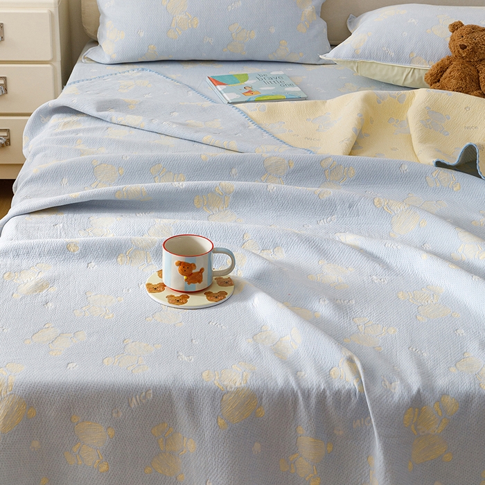 91家纺网 家纺一手货源 找家纺 悦然毛巾被 2026新款三层纱全棉纱布毛巾被盖毯夏被床单夏凉被空调被 晴蓝