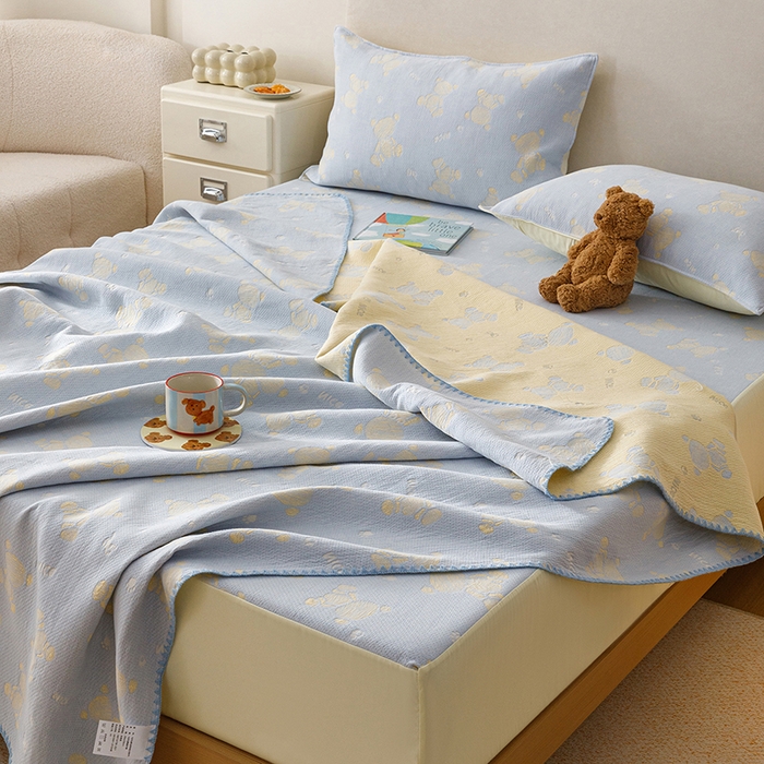 91家纺网 家纺一手货源 找家纺 悦然毛巾被 2026新款三层纱全棉纱布毛巾被盖毯夏被床单夏凉被空调被 晴蓝