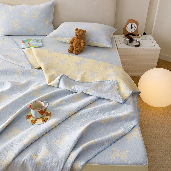 91家纺网 家纺一手货源 找家纺 悦然毛巾被 2026新款三层纱全棉纱布毛巾被盖毯夏被床单夏凉被空调被 晴蓝