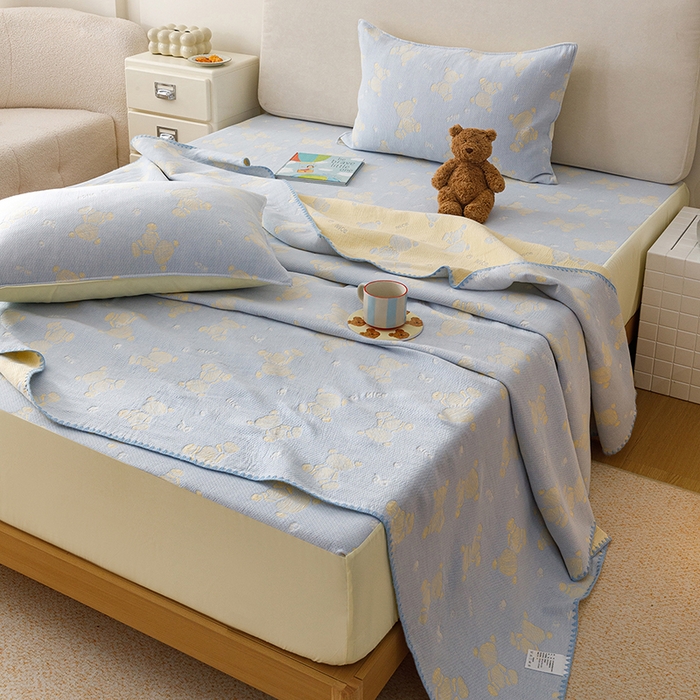 91家纺网 家纺一手货源 找家纺 悦然毛巾被 2026新款三层纱全棉纱布毛巾被盖毯夏被床单夏凉被空调被 晴蓝