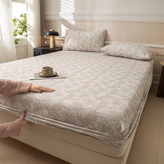 91家纺网 家纺一手货源 找家纺 爱彼家纺 2026新款A类纯棉提花老粗布床笠单件床笠三件套提花床笠-系列一 全棉提花-026浅棕椰影