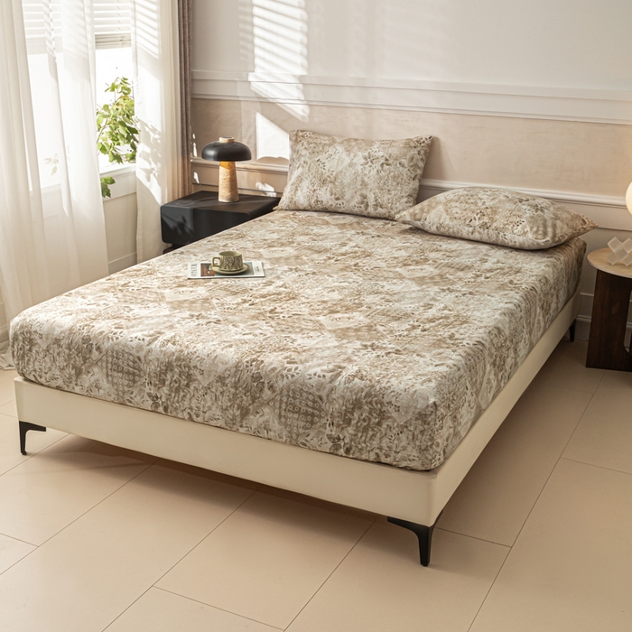 91家纺网 家纺一手货源 找家纺 爱彼家纺 2026新款A类纯棉提花老粗布床笠单件床笠三件套提花床笠-系列一 全棉提花-花影咖棕