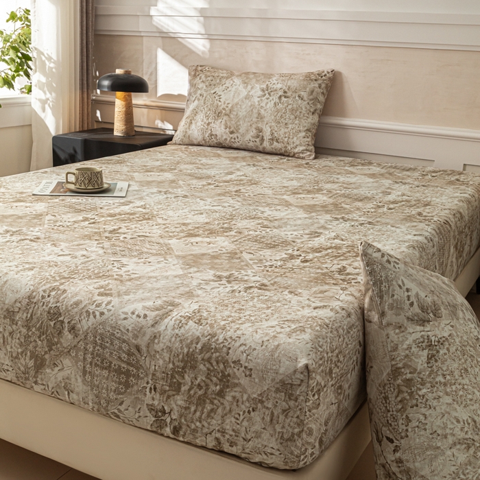 91家纺网 家纺一手货源 找家纺 爱彼家纺 2026新款A类纯棉提花老粗布床笠单件床笠三件套提花床笠-系列一 全棉提花-花影咖棕