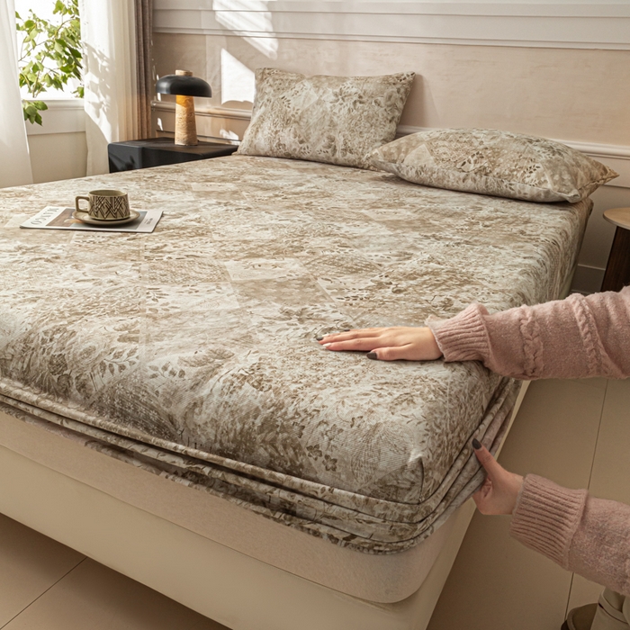 91家纺网 家纺一手货源 找家纺 爱彼家纺 2026新款A类纯棉提花老粗布床笠单件床笠三件套提花床笠-系列一 全棉提花-花影咖棕