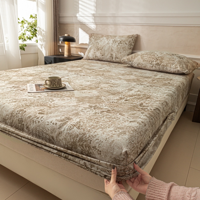 91家纺网 家纺一手货源 找家纺 爱彼家纺 2026新款A类纯棉提花老粗布床笠单件床笠三件套提花床笠-系列一 全棉提花-花影咖棕