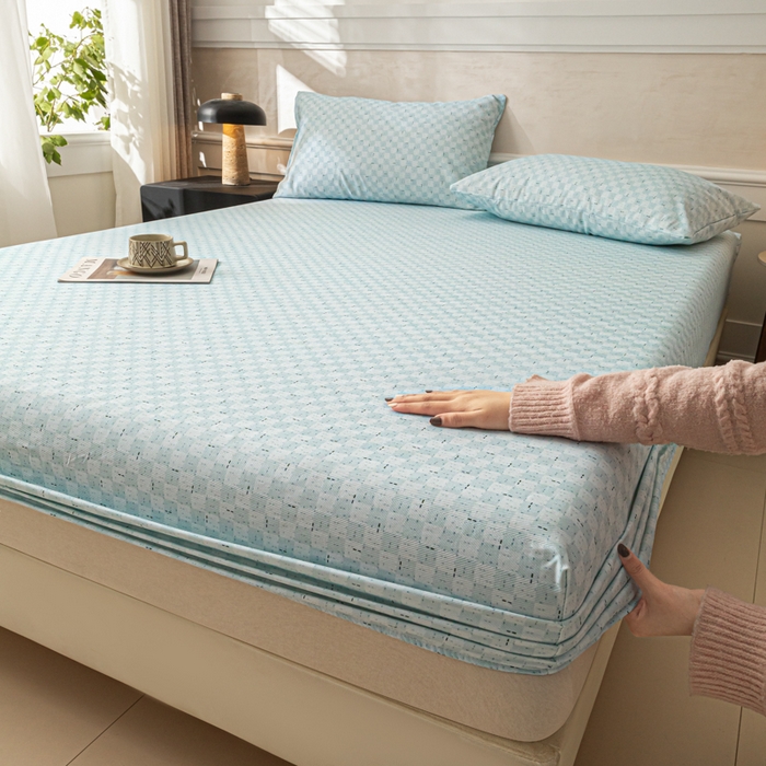 91家纺网 家纺一手货源 找家纺 爱彼家纺 2026新款A类纯棉提花老粗布床笠单件床笠三件套提花床笠-系列一 全棉提花-浅海冰蓝