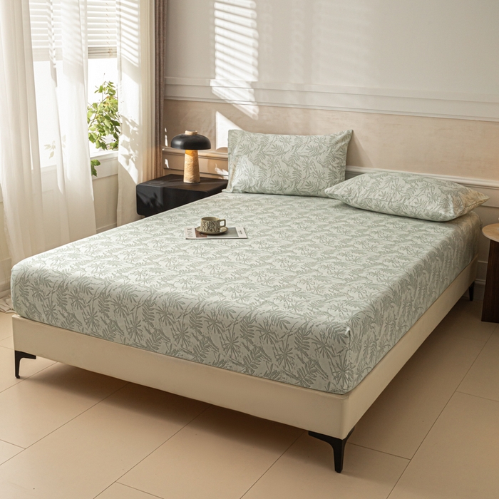 91家纺网 家纺一手货源 找家纺 爱彼家纺 2026新款A类纯棉提花老粗布床笠单件床笠三件套提花床笠-系列一 全棉提花-s026椰叶浅青