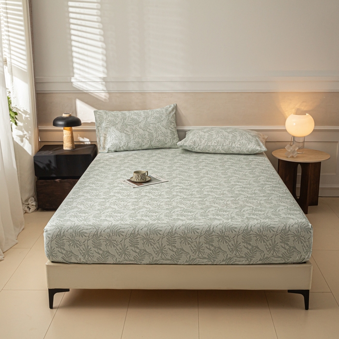 91家纺网 家纺一手货源 找家纺 爱彼家纺 2026新款A类纯棉提花老粗布床笠单件床笠三件套提花床笠-系列一 全棉提花-s026椰叶浅青