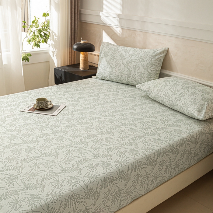 91家纺网 家纺一手货源 找家纺 爱彼家纺 2026新款A类纯棉提花老粗布床笠单件床笠三件套提花床笠-系列一 全棉提花-s026椰叶浅青