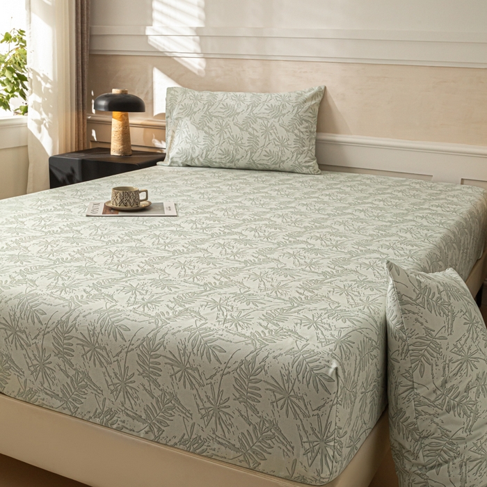 91家纺网 家纺一手货源 找家纺 爱彼家纺 2026新款A类纯棉提花老粗布床笠单件床笠三件套提花床笠-系列一 全棉提花-s026椰叶浅青