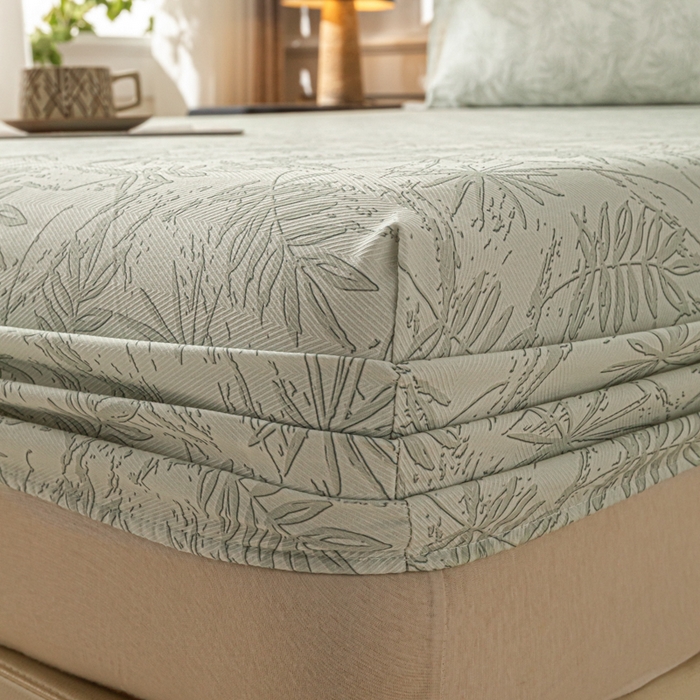 91家纺网 家纺一手货源 找家纺 爱彼家纺 2026新款A类纯棉提花老粗布床笠单件床笠三件套提花床笠-系列一 全棉提花-s026椰叶浅青