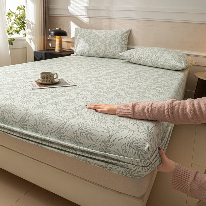 91家纺网 家纺一手货源 找家纺 爱彼家纺 2026新款A类纯棉提花老粗布床笠单件床笠三件套提花床笠-系列一 全棉提花-s026椰叶浅青