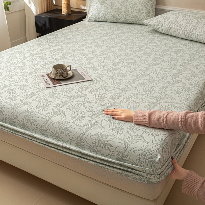 91家纺网 家纺一手货源 找家纺 爱彼家纺 2026新款A类纯棉提花老粗布床笠单件床笠三件套提花床笠-系列一 全棉提花-s026椰叶浅青