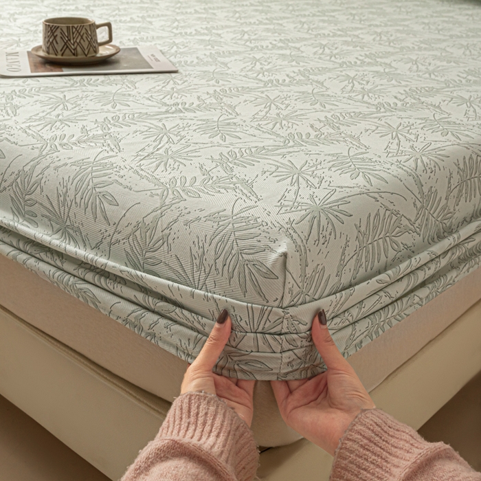 91家纺网 家纺一手货源 找家纺 爱彼家纺 2026新款A类纯棉提花老粗布床笠单件床笠三件套提花床笠-系列一 全棉提花-s026椰叶浅青