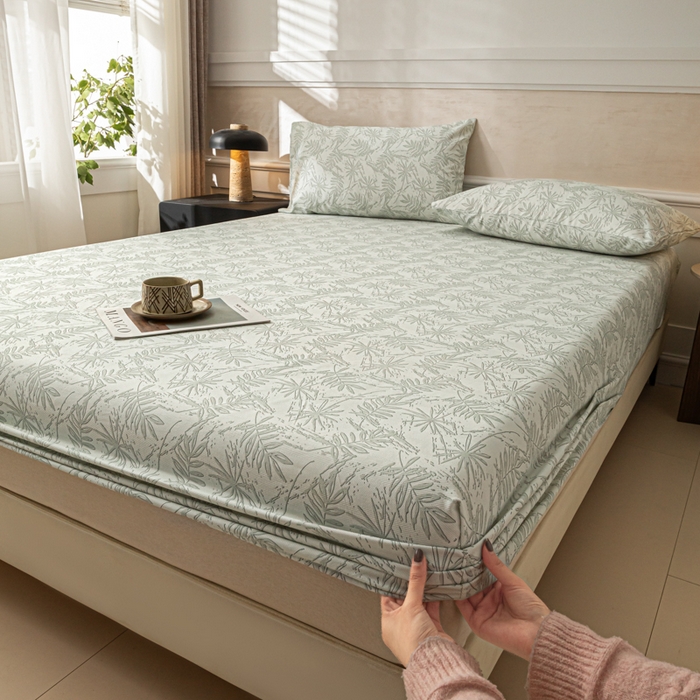 91家纺网 家纺一手货源 找家纺 爱彼家纺 2026新款A类纯棉提花老粗布床笠单件床笠三件套提花床笠-系列一 全棉提花-s026椰叶浅青