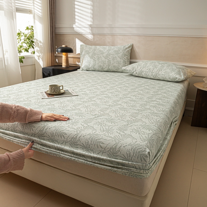 91家纺网 家纺一手货源 找家纺 爱彼家纺 2026新款A类纯棉提花老粗布床笠单件床笠三件套提花床笠-系列一 全棉提花-s026椰叶浅青