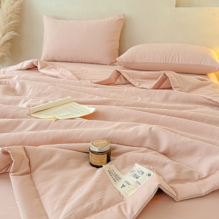 91家纺网 家纺一手货源 找家纺 一加一 2026新款全棉纯棉三层纱色织提花大豆夏被四件套-云棉肌理 佐冉（粉金）