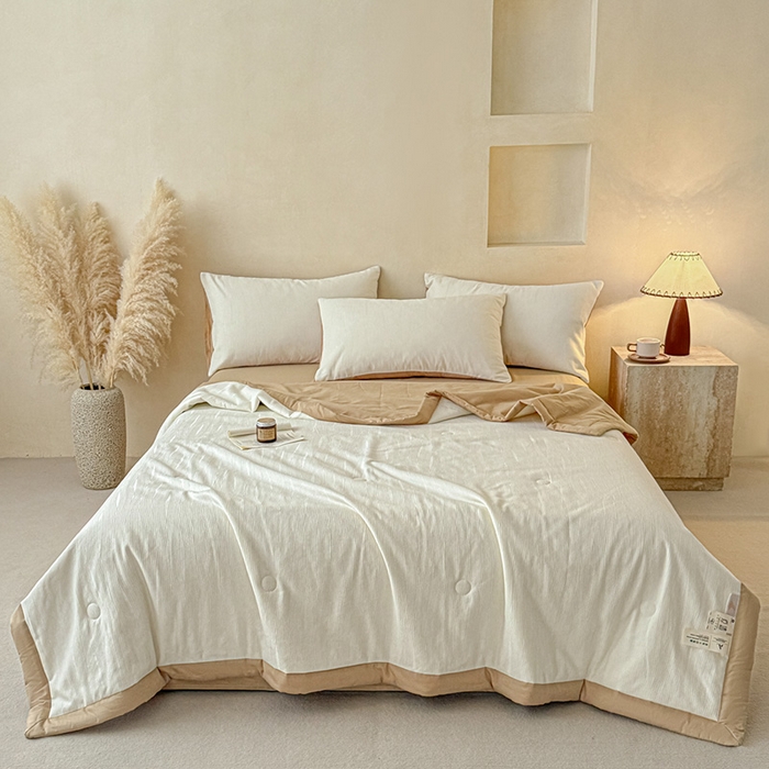 91家纺网 家纺一手货源 找家纺 一加一 2026新款全棉纯棉三层纱色织提花大豆夏被四件套-云棉肌理 佐冉（米白）