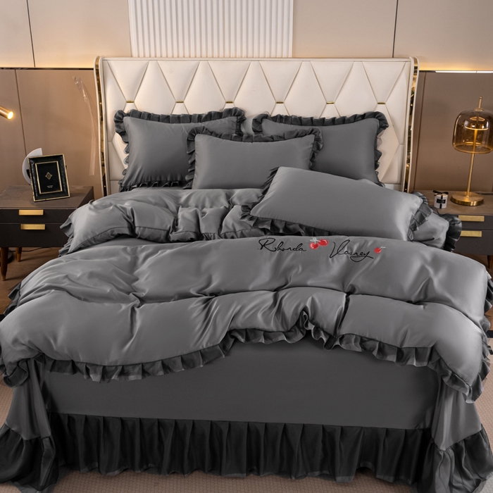 91家纺网 家纺一手货源 找家纺 畅畅家纺 2026新款水洗天丝纯色刺绣四件套床品套件 初夏灰